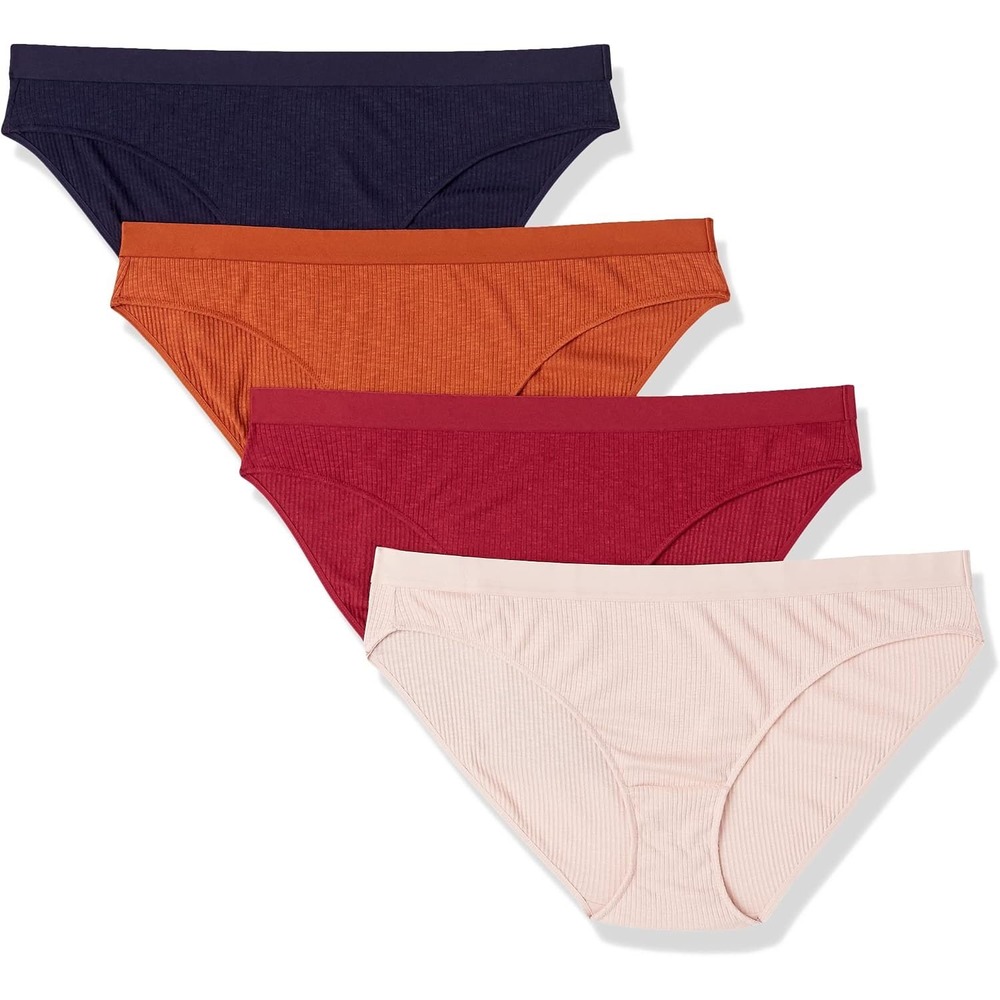 Amazon Essentials Womens Ribbed Cotton Bikini Underwear Pack of 4 Navy Red S